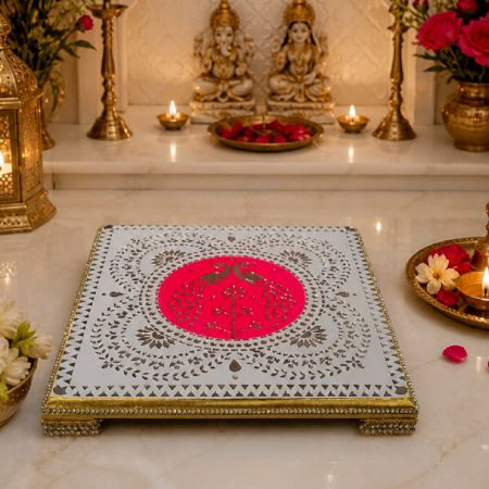 Handcrafted Designer Wooden Puja Chawki Bajot with Mirror Art